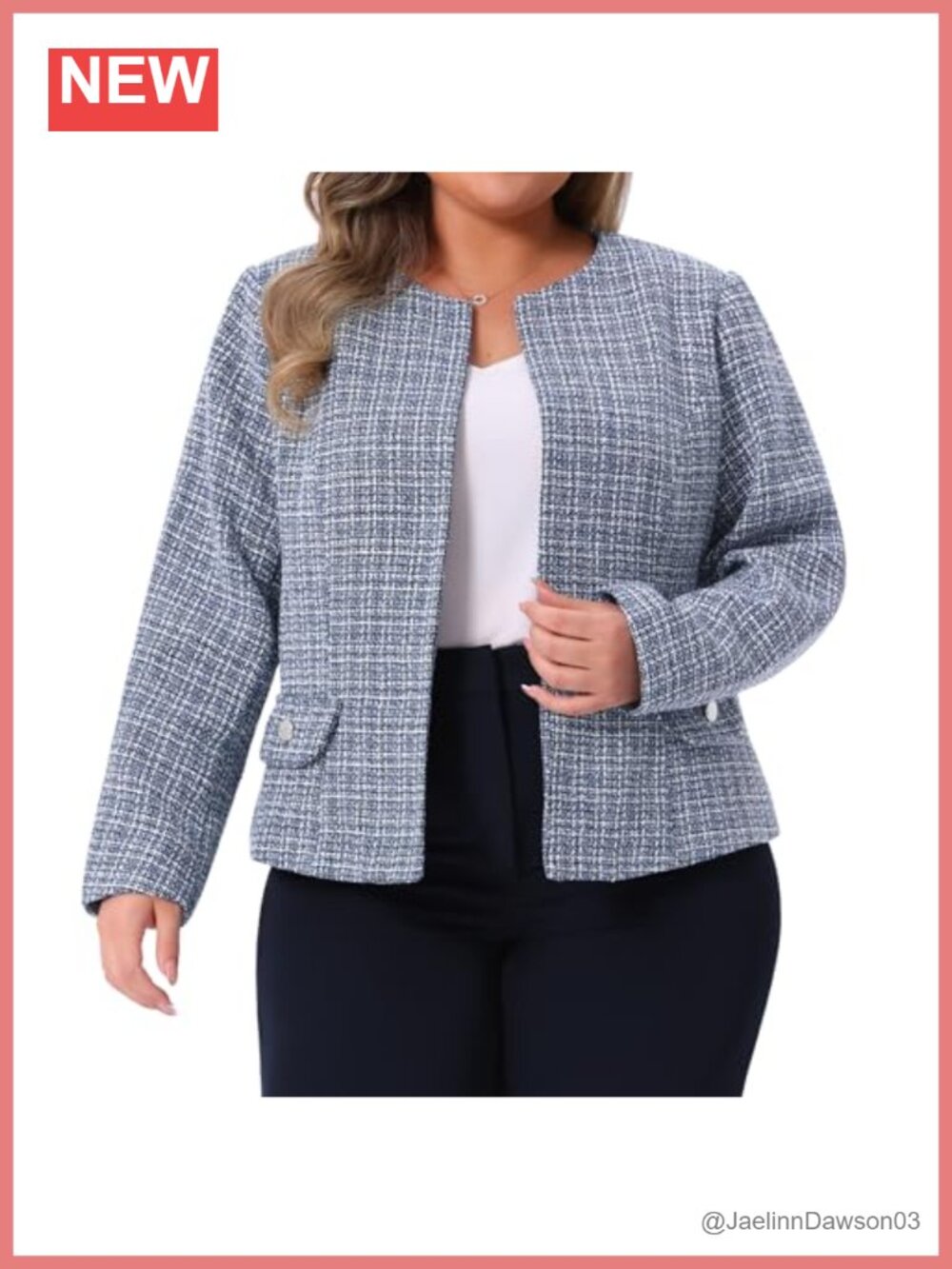 Plus Size Collarless Tweed Blazer Long Sleeve Open Front Work Jacket